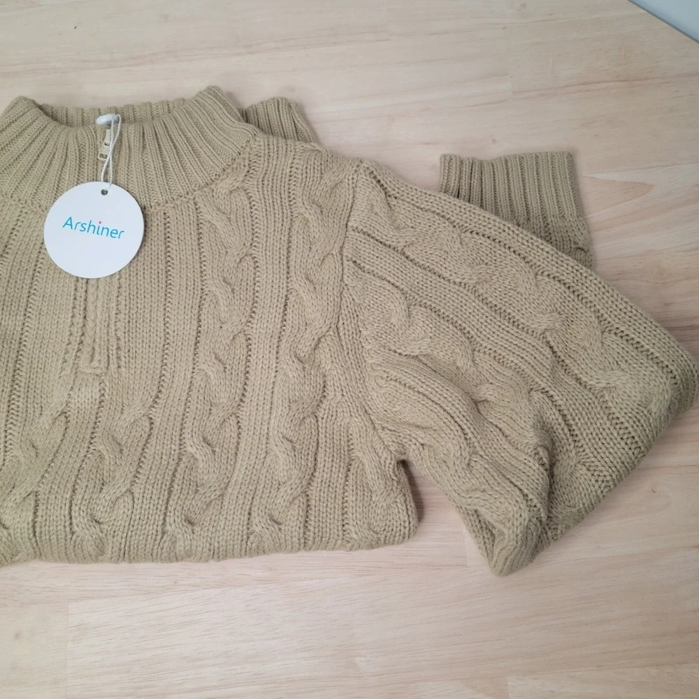 Arshiner Quarter Zip Sweater‎ Kids Size 140 Tan Cable Knit Mock Neck Pullover